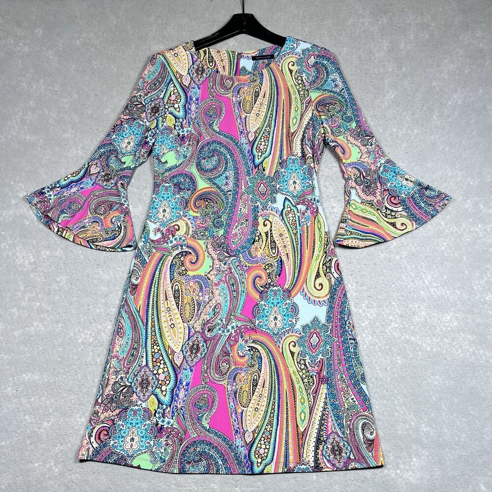 Tommy Hilfiger A Line Dress Size 4 Colorful Paisley Bell Sleeve Boho Dress